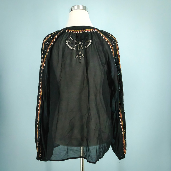Johnny Was Jade Size Medium M Black Embroidered Long Sleeve Cotton Silk Top - Picture 3 of 6
